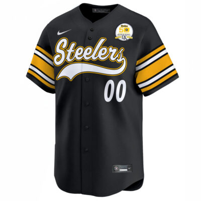 Alternative view of Custom Pittsburgh Steelers 50th Anniversary SBIX Black Baseball Jersey - All Stitched
