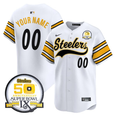 Custom Pittsburgh Steelers 50th Anniversary SBIX White Baseball Jersey - All Stitched