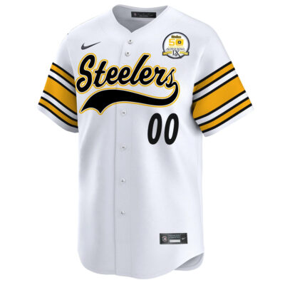 Alternative view of Custom Pittsburgh Steelers 50th Anniversary SBIX White Baseball Jersey - All Stitched