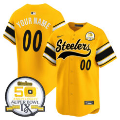 Custom Pittsburgh Steelers 50th Anniversary Super Bowl IX Gold Baseball Jersey - All Stitched