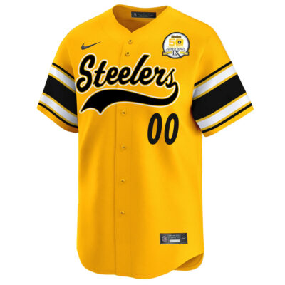Alternative view of Custom Pittsburgh Steelers 50th Anniversary SBIX Gold Baseball Jersey - All Stitched