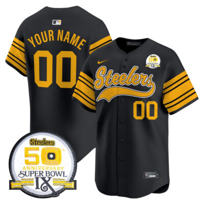 Custom Pittsburgh Steelers 50th Anniversary SBIX Black Alternate Baseball Jersey - All Stitched