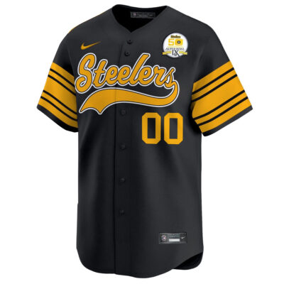 Alternative view of Custom Pittsburgh Steelers 50th Anniversary SBIX Black Alternate Baseball Jersey - All Stitched