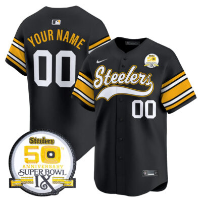 Custom Pittsburgh Steelers 50th Anniversary SBIX Black Throwback Baseball Jersey - All Stitched