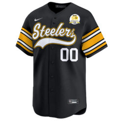 Alternative view of Custom Pittsburgh Steelers 50th Anniversary Super Bowl IX Black Throwback Baseball Jersey - All Stitched