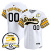 Custom Pittsburgh Steelers 50th Anniversary Super Bowl IX White Throwback Baseball Jersey - All Stitched