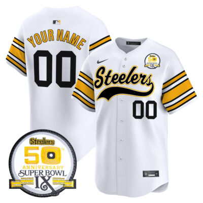Custom Pittsburgh Steelers 50th Anniversary SBIX White Throwback Baseball Jersey - All Stitched