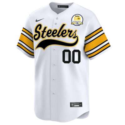 Alternative view of Custom Pittsburgh Steelers 50th Anniversary SBIX White Throwback Baseball Jersey - All Stitched