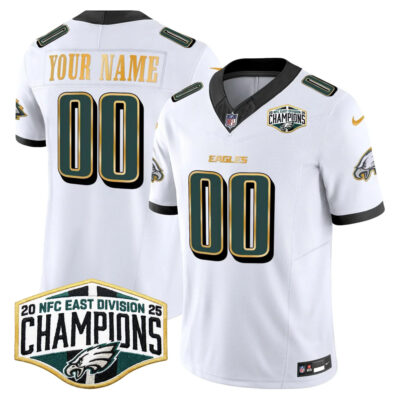 Custom Philadelphia Eagles 2025 NFC East Division Champions White Gold Trim Vapor F.U.S.E Limited Jersey - All Stitched