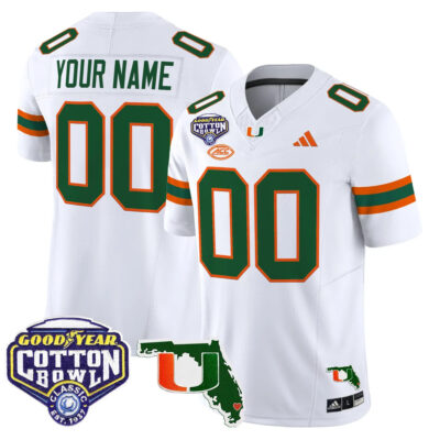 Custom Miami Hurricanes Football 2025 Goodyear Cotton Bowl Florida Patch White Limited Jersey - All Stitched