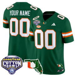 Custom Miami Hurricanes Football 2025 Goodyear Cotton Bowl Florida Patch Green Limited Jersey - All Stitched