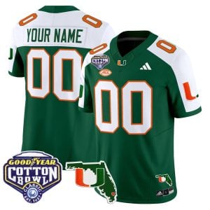 Custom Miami Hurricanes Football 2025 Goodyear Cotton Bowl Florida Patch Green Alternate Limited Jersey - All Stitched