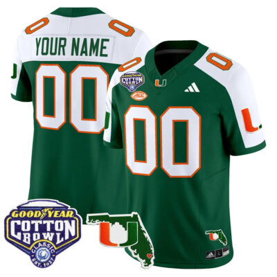Custom Miami Hurricanes Football 2025 Goodyear Cotton Bowl Florida Patch Green Alternate Limited Jersey - All Stitched