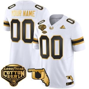 Custom Miami Hurricanes Football 2025 Goodyear Cotton Bowl White Gold Jersey - All Stitched