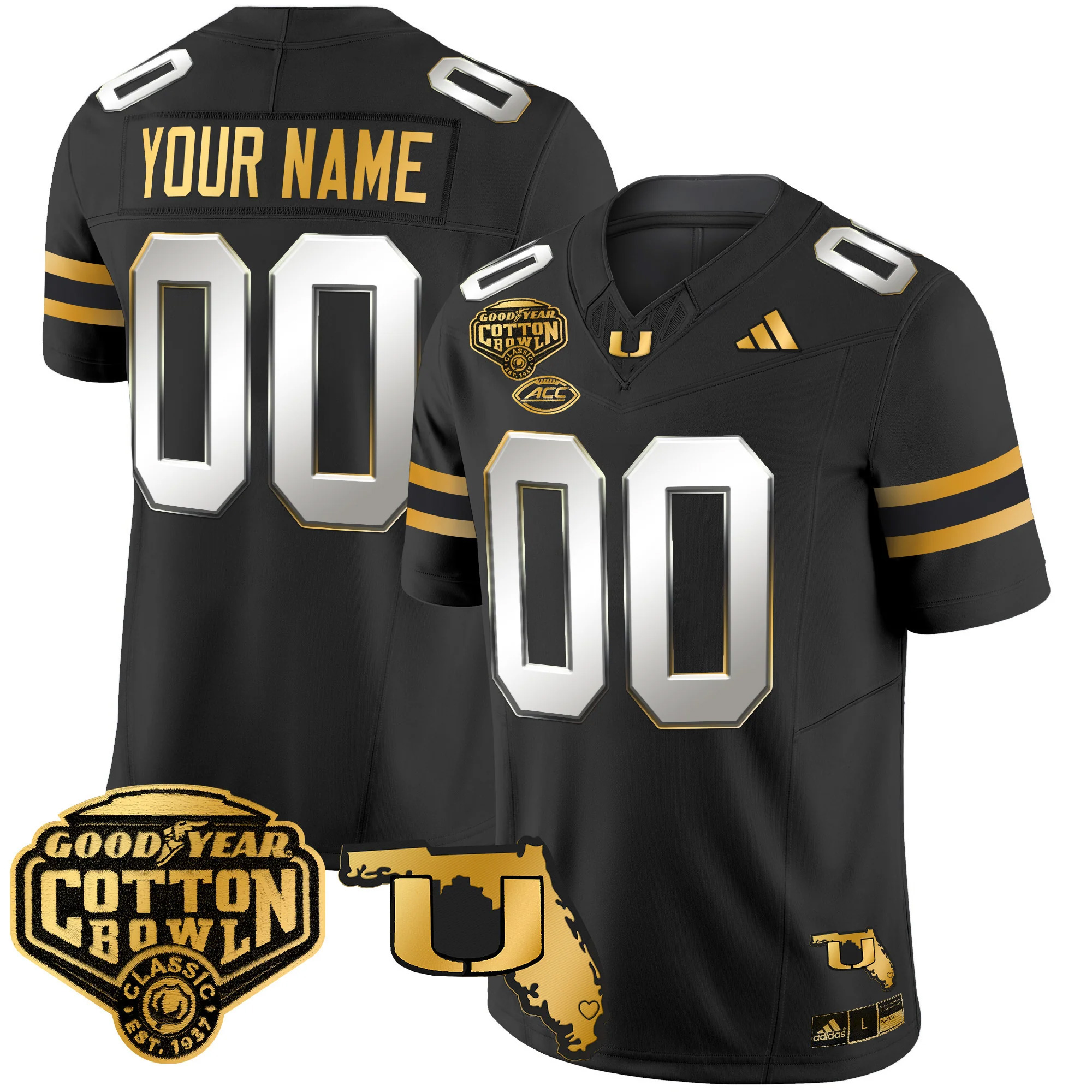 Custom Miami Hurricanes Football 2025 Goodyear Cotton Bowl Black Gold Limited Jersey - All Stitched