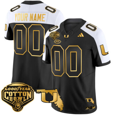 Custom Miami Hurricanes Football 2025 Goodyear Cotton Bowl Alternate Black Gold Jersey - All Stitched