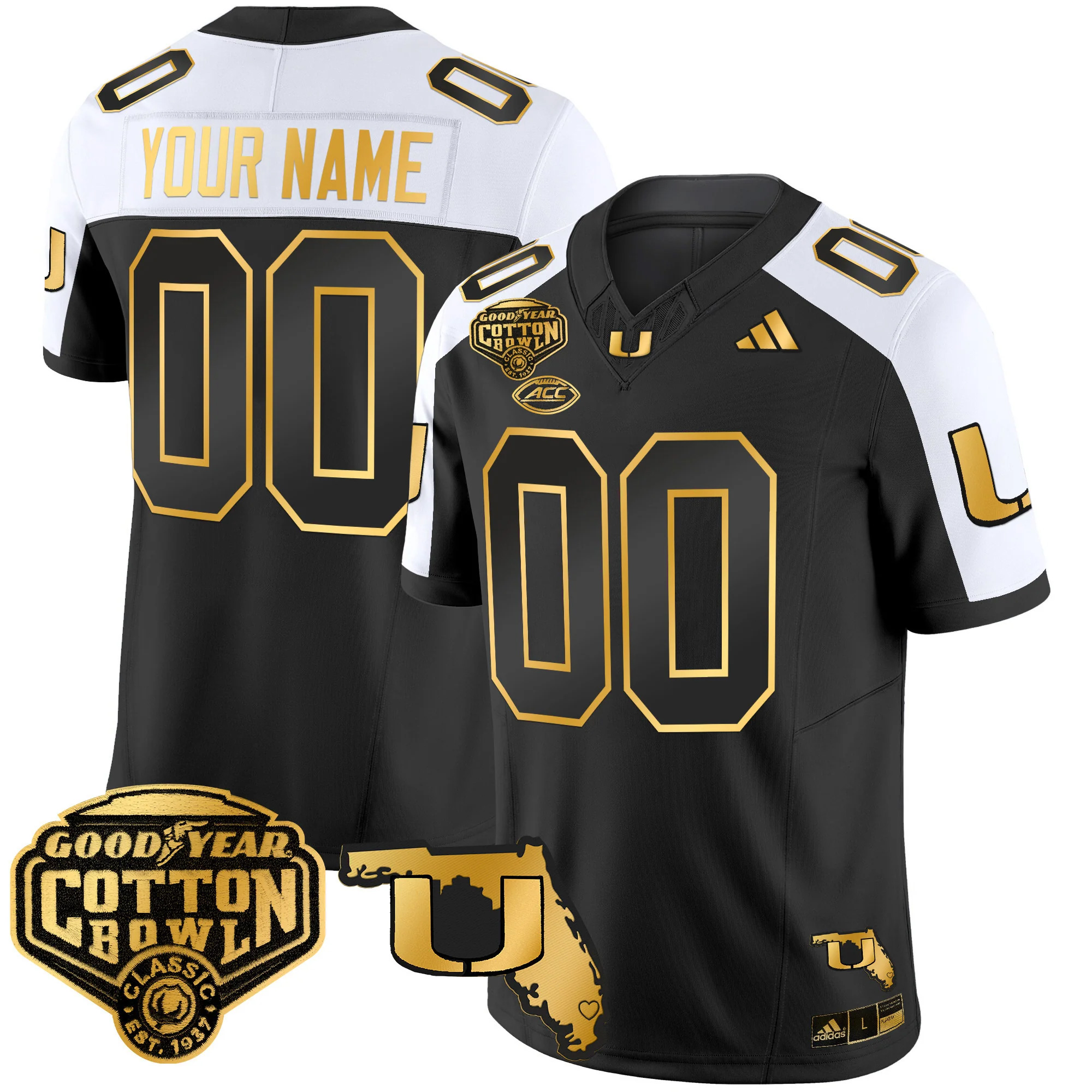 Custom Miami Hurricanes Football 2025 Goodyear Cotton Bowl Alternate Black Gold Jersey - All Stitched