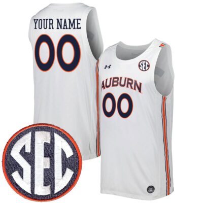 Custom Auburn Tigers Basketball 2021/22 White Home Jersey w/ SEC Patch - All Stitched