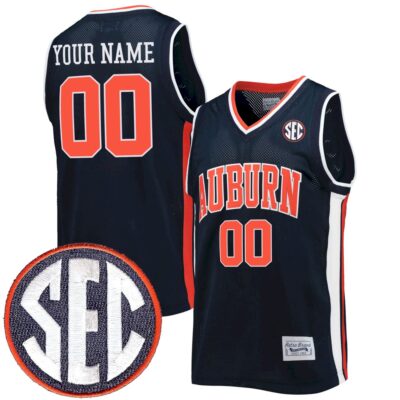 Custom Auburn Tigers Basketball Navy Retro Jersey w/ SEC Patch - All Stitched