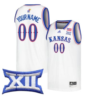 Custom Kansas Jayhawks Basketball 2024/25 White Home Jersey w/ XII Patch - All Stitched