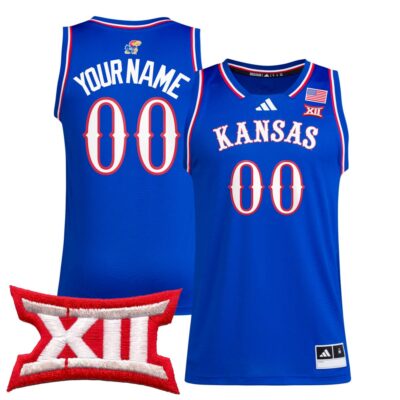 Custom Kansas Jayhawks Basketball 2024/25 Royal Away Jersey w/ XII Patch - All Stitched