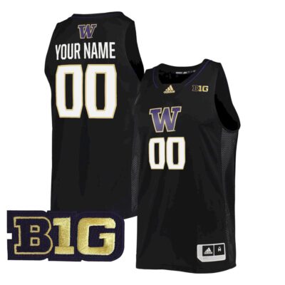 Custom Washington Huskies Basketball 2021/22 Black Alternate Jersey w/ B1G Patch - All Stitched