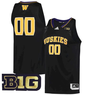 Custom Washington Huskies Basketball 2021/22 Black Throwback Jersey w/ B1G Patch - All Stitched