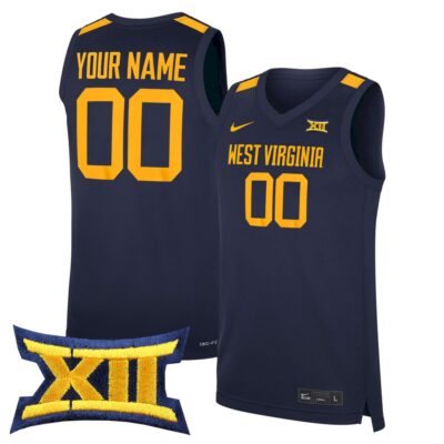 Custom West Virginia Mountaineers Basketball Navy Away Jersey w/ XII Patch - All Stitched