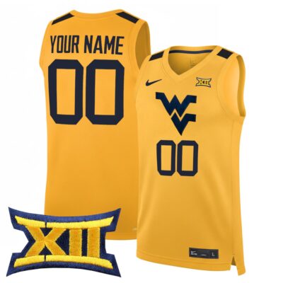 Custom West Virginia Mountaineers Basketball Gold Alternate Jersey w/ XII Patch - All Stitched
