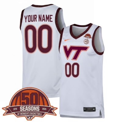 Custom Virginia Tech Hokies Basketball 50th Anniversary White Jersey - All Stitched