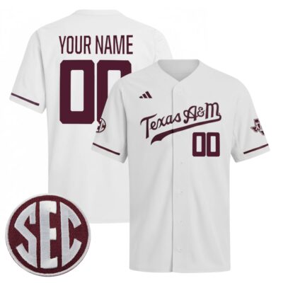 Custom Texas A&M Aggies Baseball White Jersey w/ SEC Patch - All Stitched