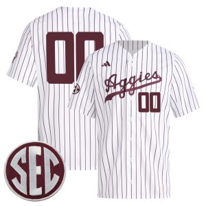 Custom Texas A&M Aggies Baseball White Pinstripe Home Jersey w/ SEC Patch - All Stitched