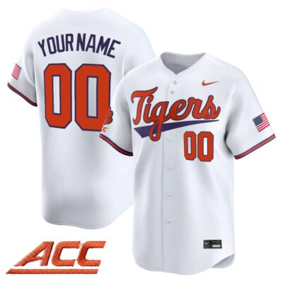 Custom Clemson Tigers Baseball White Away Limited Jersey w/ ACC Patch - All Stitched
