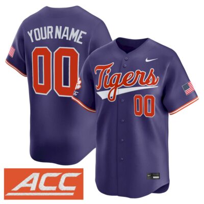 Custom Clemson Tigers Baseball Purple Alternate Limited Jersey w/ ACC Patch - All Stitched
