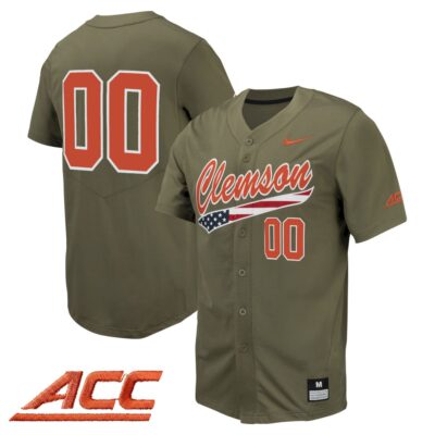 Custom Clemson Tigers Baseball Olive Military Appreciation Jersey w/ ACC Patch - All Stitched