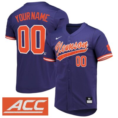 Custom Clemson Tigers Baseball Purple Jersey w/ ACC Patch - All Stitched