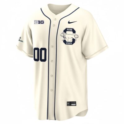 Alternative view of Custom Penn State Nittany Lions Baseball Cream Home Jersey w/ B1G Patch – All Stitched