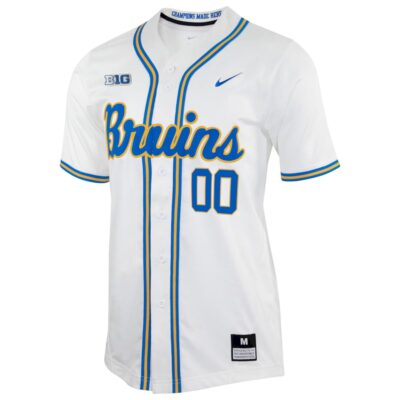 Alternative view of Custom UCLA Bruins Baseball White Away Jersey w/ B1G Patch – All Stitched