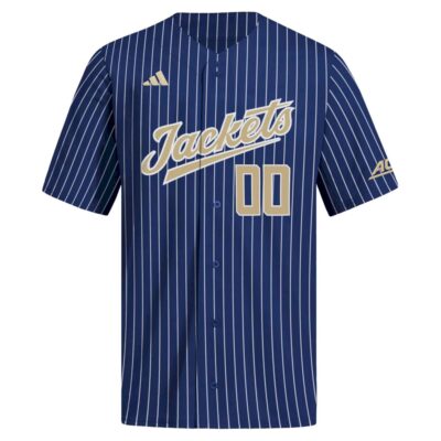 Alternative view of Custom Georgia Tech Yellow Jackets Baseball Navy Pinstripe Jersey w/ ACC Patch - All Stitched