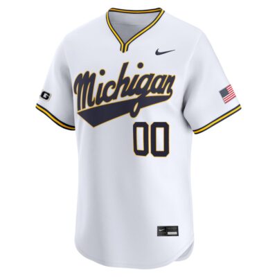 Alternative view of Custom Michigan Wolverines Baseball White Away Limited Jersey w/ B1G Patch - All Stitched
