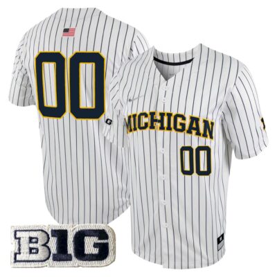 Custom Michigan Wolverines Baseball White Pinstripe Jersey w/ B1G Patch - All Stitched