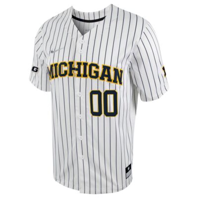 Alternative view of Custom Michigan Wolverines Baseball White Pinstripe Jersey w/ B1G Patch - All Stitched
