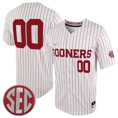 Custom Oklahoma Sooners Baseball White Pinstripe Game Jersey w/ SEC Patch - All Stitched