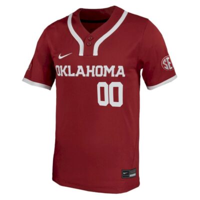 Alternative view of Custom Oklahoma Sooners Baseball Crimson Jersey w/ SEC Patch - All Stitched