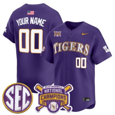 Custom LSU Tigers Baseball 2023 College World Series Champions Purple Home Limited Jersey - All Stitched