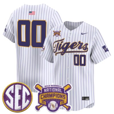 Custom LSU Tigers Baseball 2023 College World Series Champions White Pinstripe Alternate Limited Jersey - All Stitched