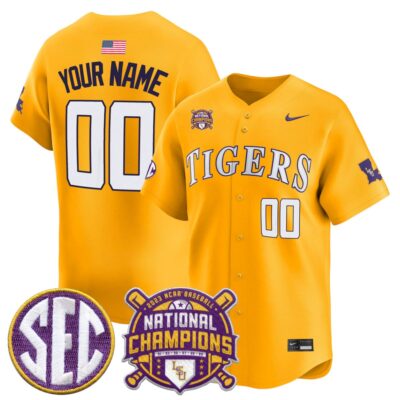Custom LSU Tigers Baseball 2025 College World Series Champions Gold Away Limited Jersey - All Stitched