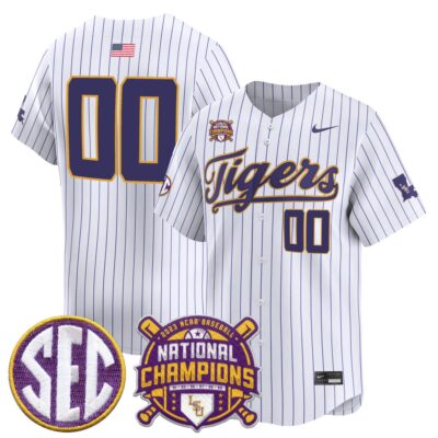 Custom LSU Tigers Baseball 2025 College World Series Champions White Pinstripe Alternate Limited Jersey - All Stitched
