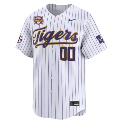 Alternative view of Custom LSU Tigers Baseball 2025 College World Series Champions White Pinstripe Alternate Limited Jersey - All Stitched