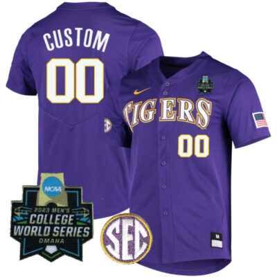 Custom LSU Tigers Baseball 2023 College World Series Champions Purple Game Jersey - All Stitched
